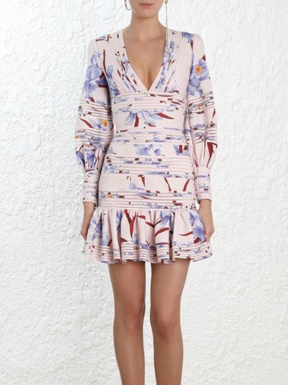 Zimmermann Corsage Linear V Neck Linen Mini Dress - Lilac Jacaranda Orchid Print